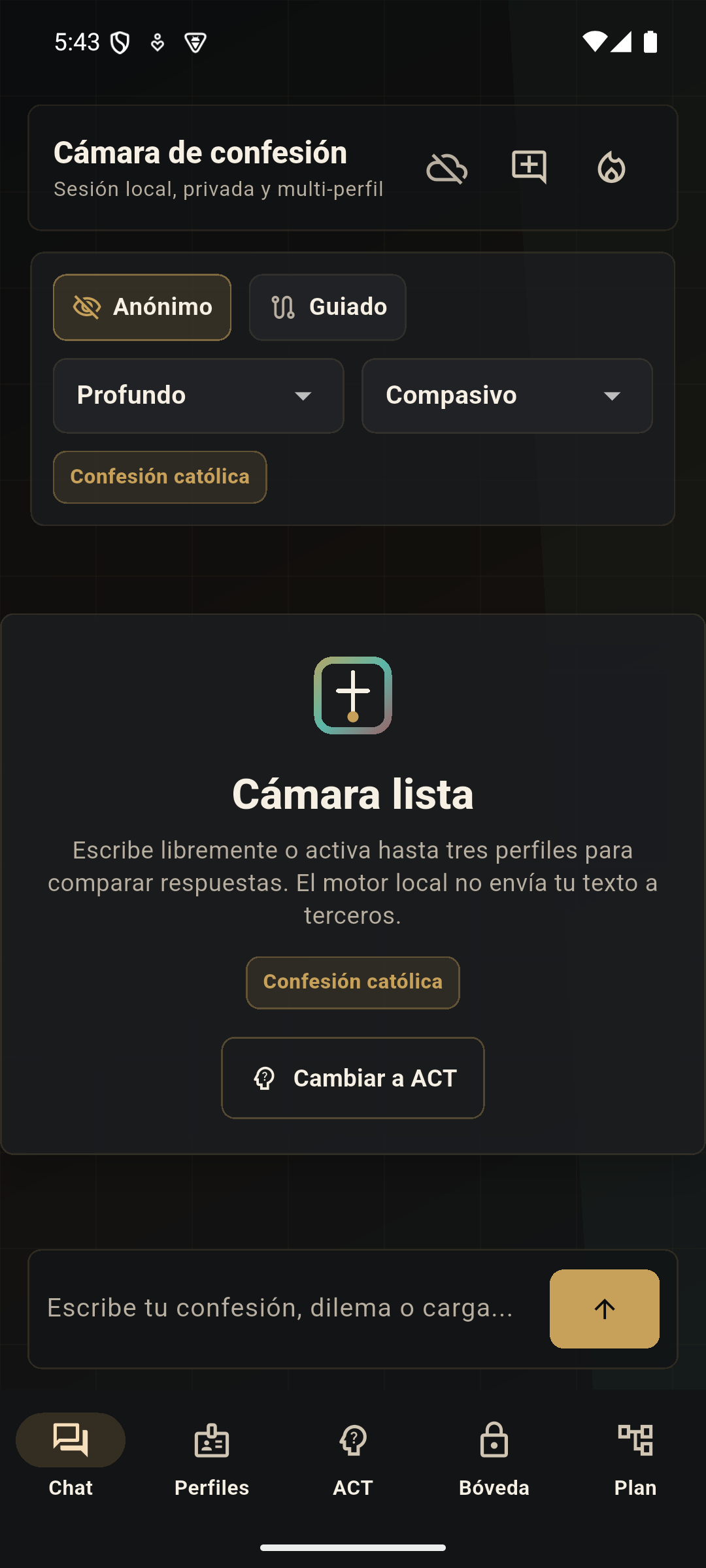 Pantalla principal de Confessio IA